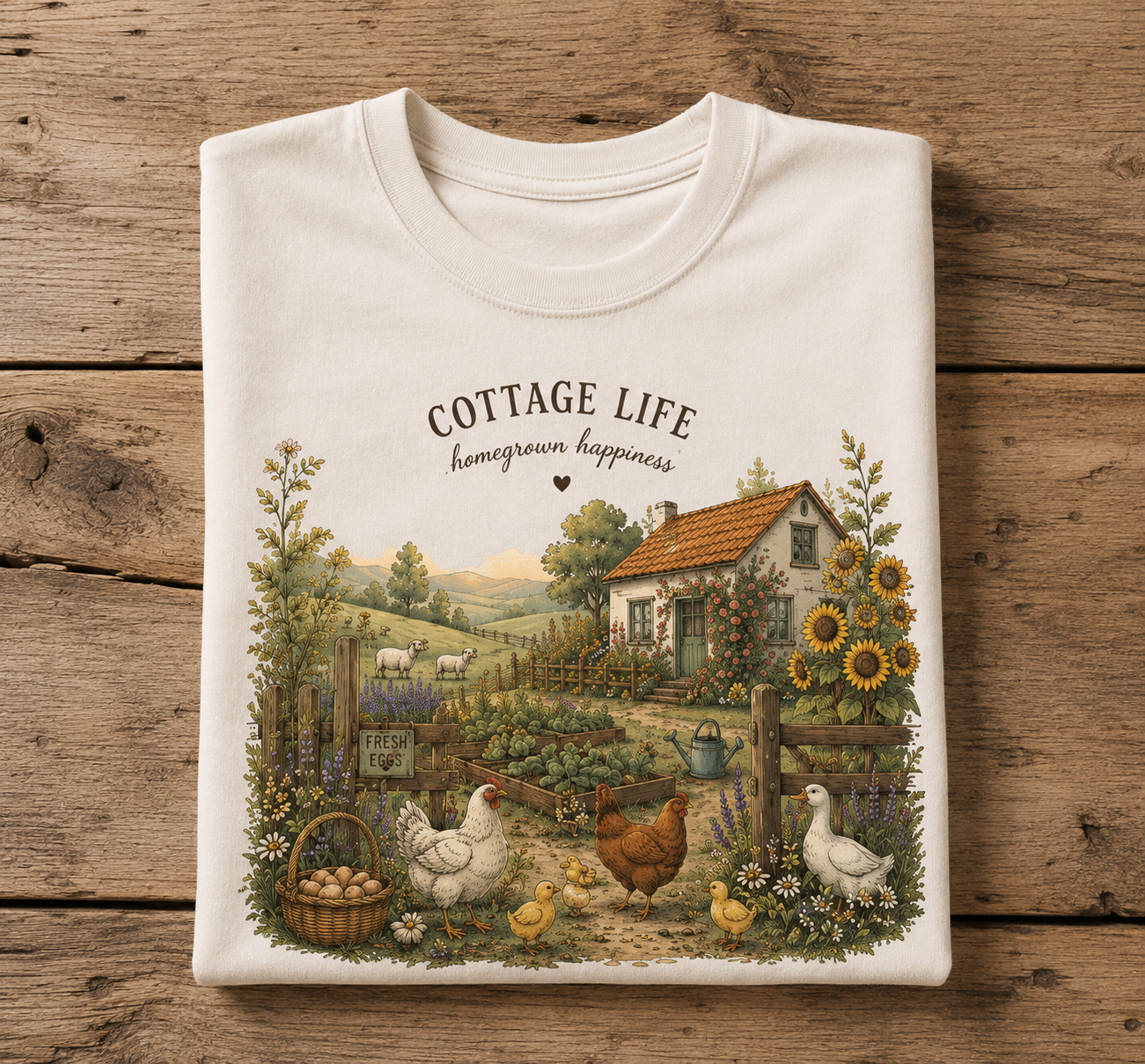 T-shirt Cottage Life – Ferme, Poules & Jardin Fleuri | T-shirt Cottagecore Vintage Unisexe 100 % Coton