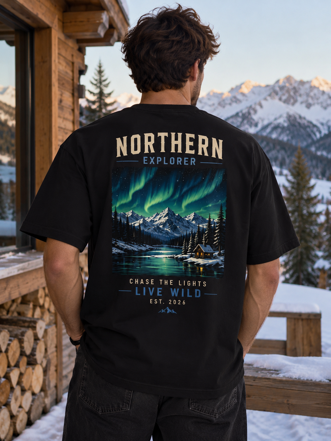 T-shirt Northern Explorer | Aurores boréales et montagnes | 100 % coton unisexe