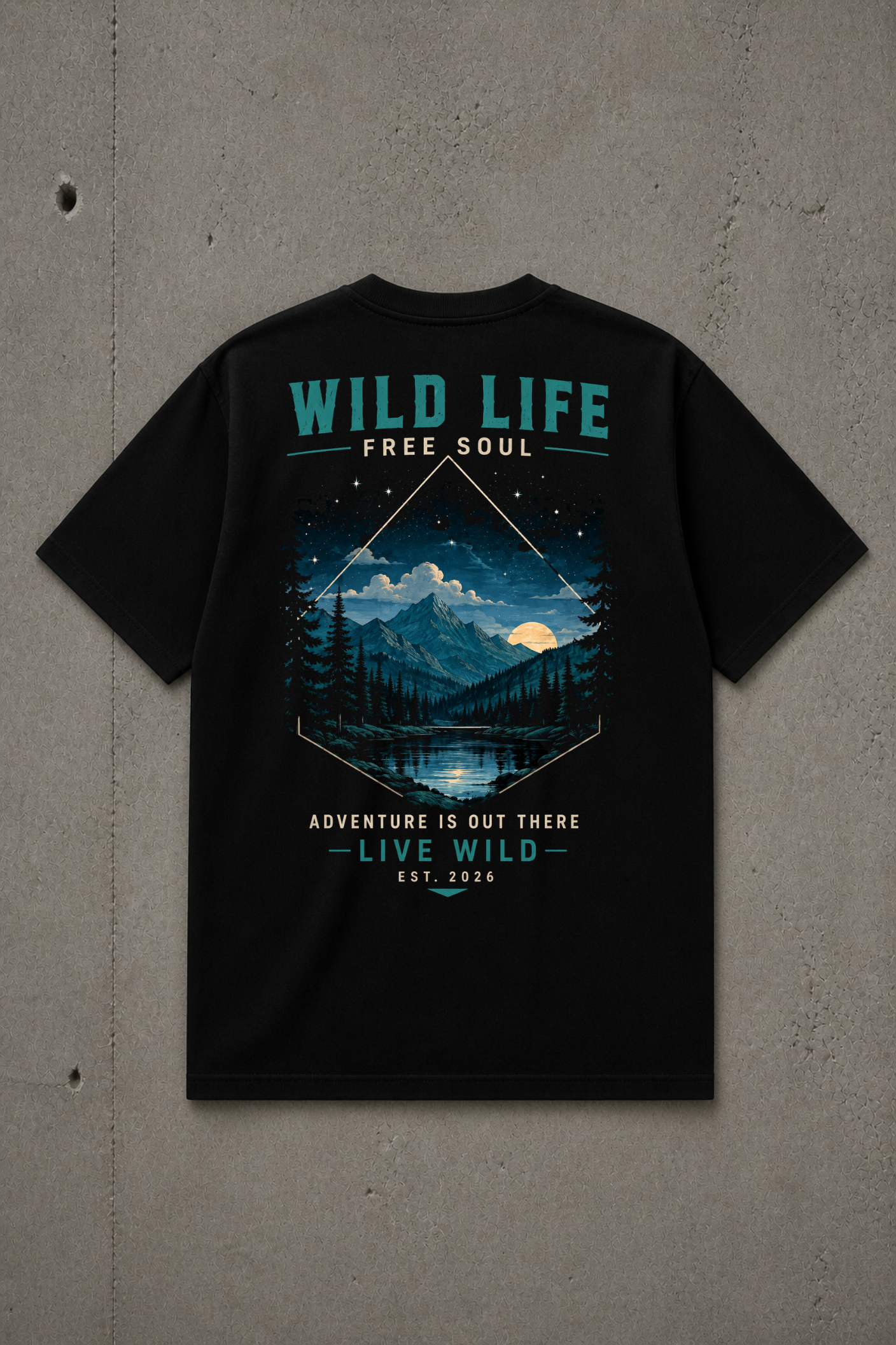 T-shirt Wild Life Free Soul | Montagne et lac nocturne | 100 % coton unisexe