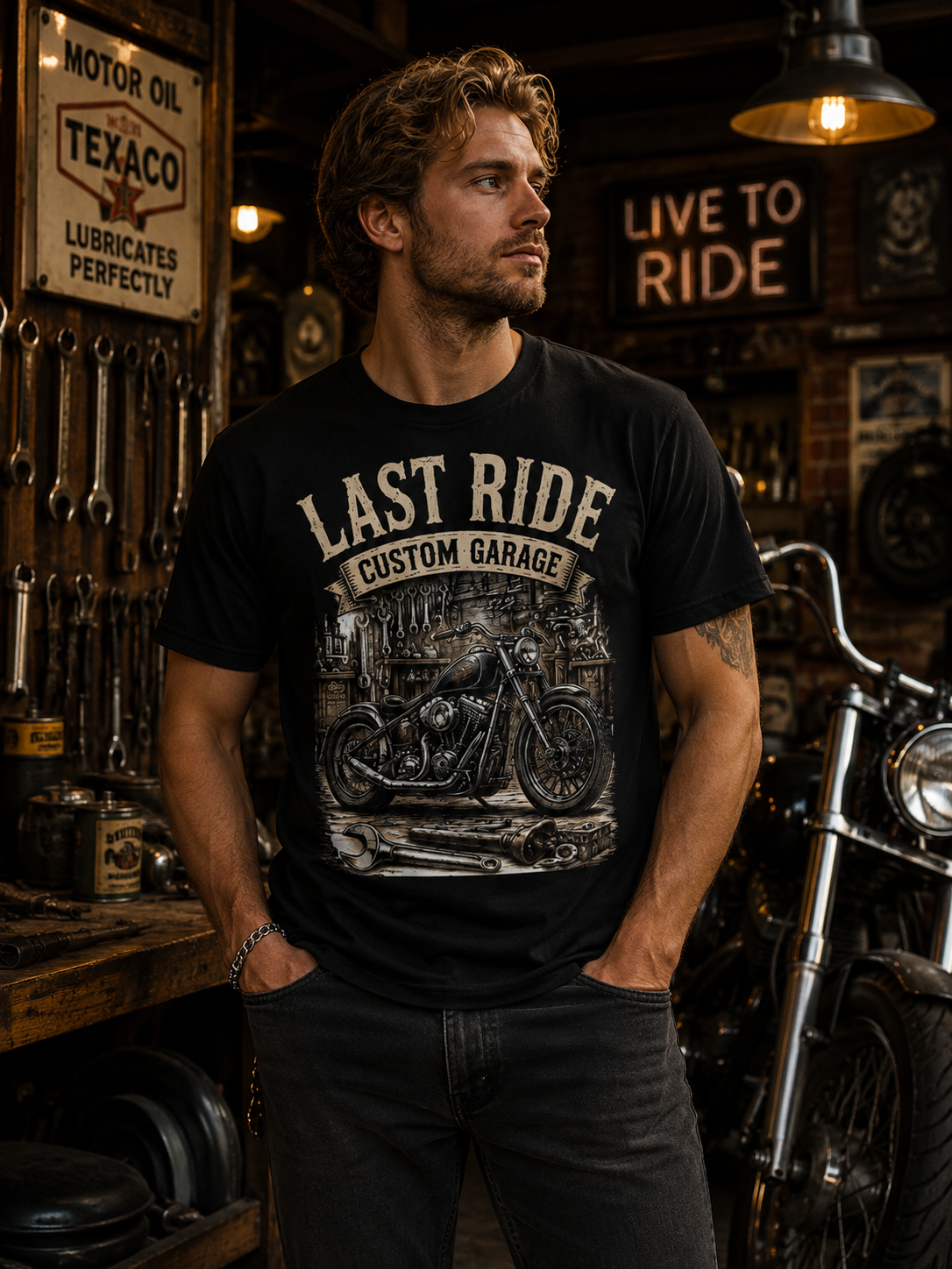 T-shirt Biker Vintage Homme | Last Ride Custom Garage | American Heritage