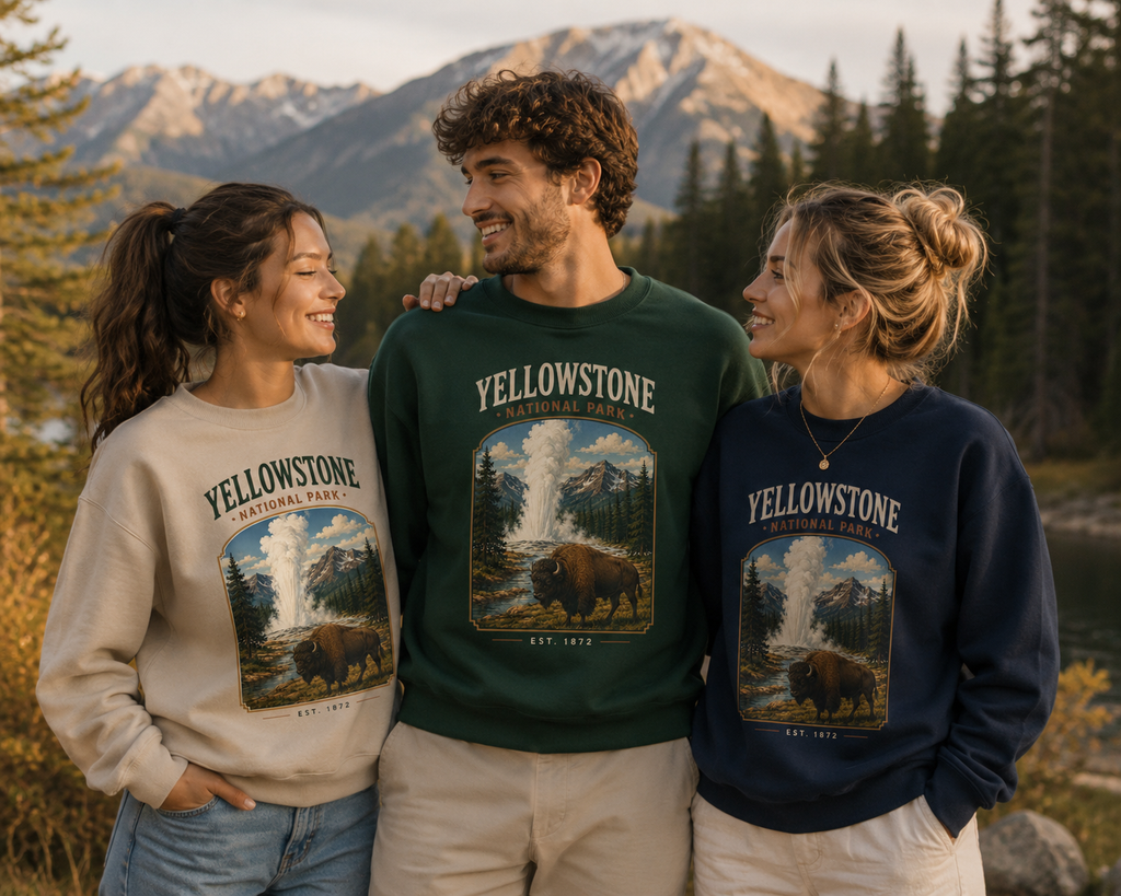 Sweatshirt Yellowstone National Park | Bison et geyser vintage | Unisexe