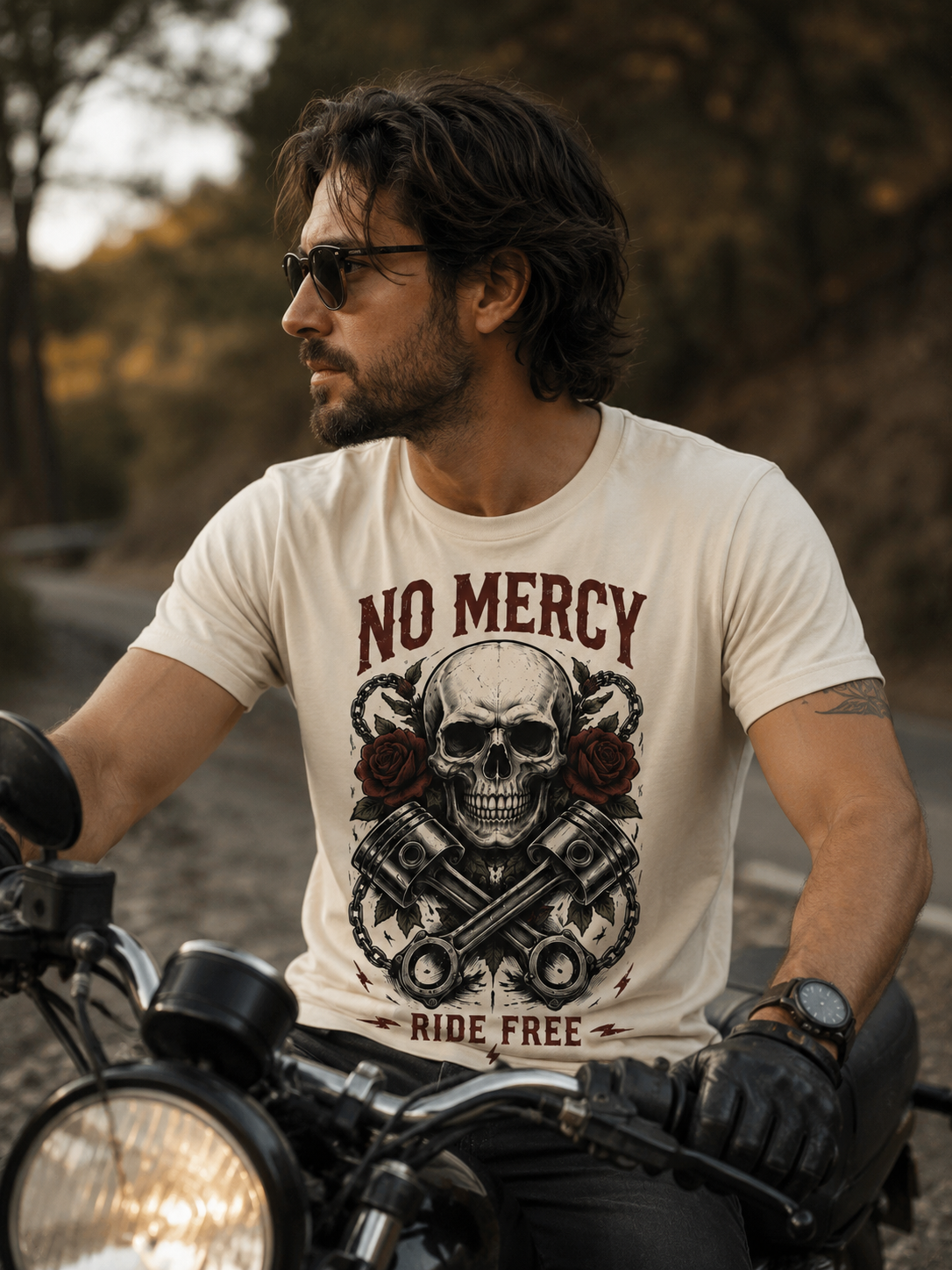 T-shirt No Mercy Vintage | Tête de Mort Biker | T-shirt Moto Unisexe 100% Coton