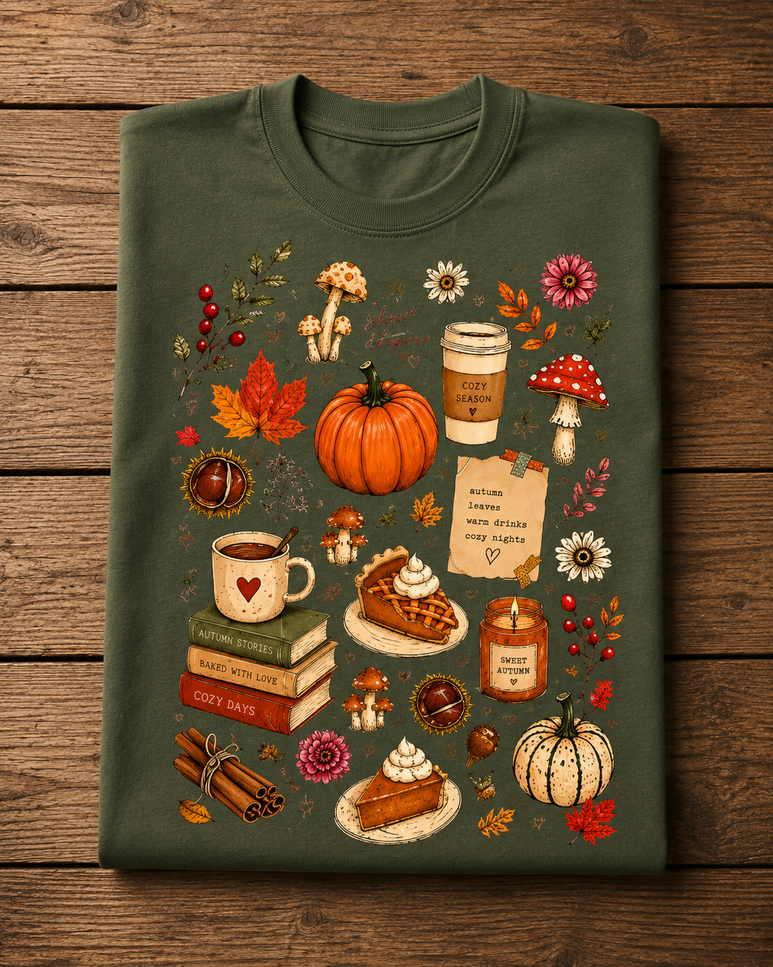T-shirt Automne Cozy Days – Citrouille, Champignons & Ambiance Cottagecore | T-shirt Unisexe Vintage 100 % Coton