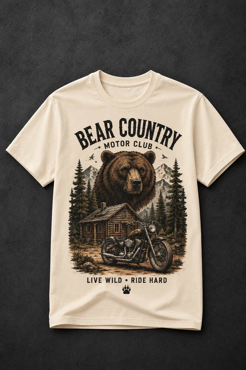 T-shirt Bear Country Vintage | Ours & Moto Américaine | T-shirt Biker Unisexe 100% coton