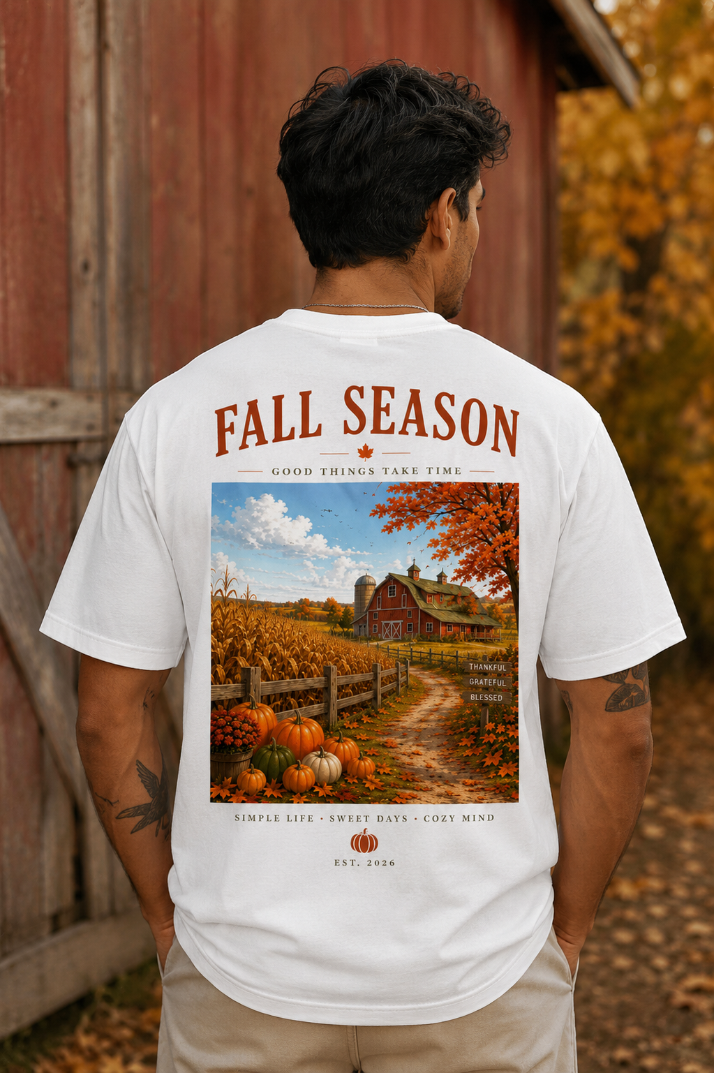 T-shirt Fall Season | Ferme automnale et citrouilles | 100 % coton unisexe