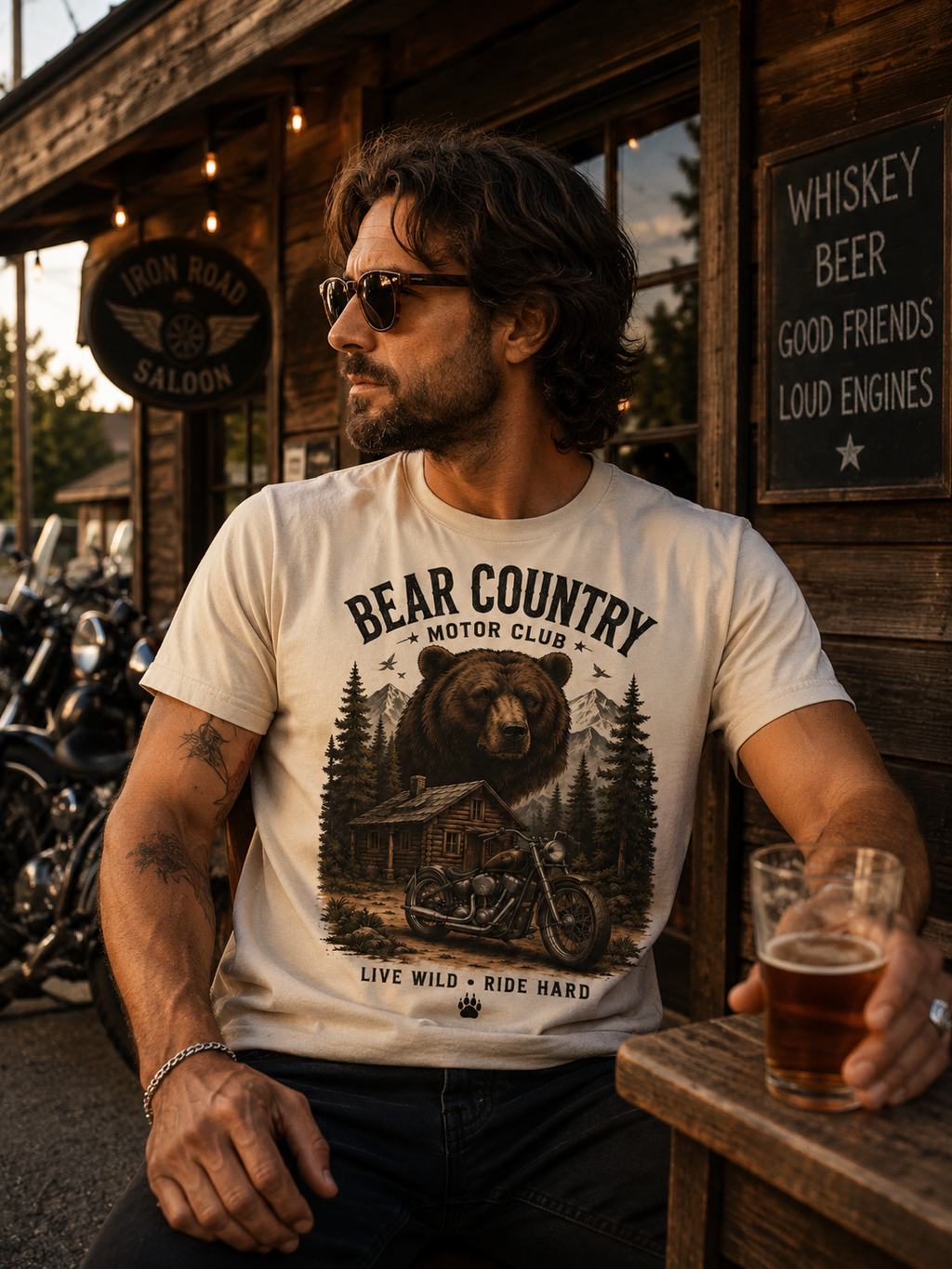 T-shirt Bear Country Vintage | Ours & Moto Américaine | T-shirt Biker Unisexe 100% coton