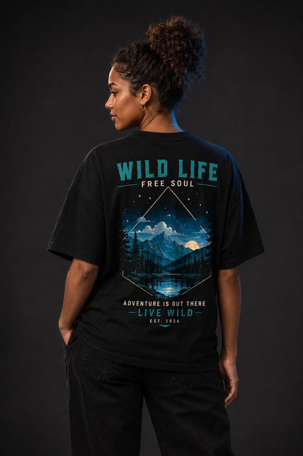 T-shirt Wild Life Free Soul | Montagne et lac nocturne | 100 % coton unisexe