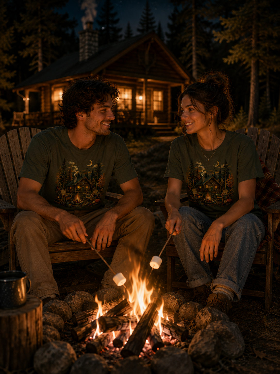 T-shirt Cabane en Forêt – Feu de Camp, Chalet & Ambiance Automnale | T-shirt Unisexe Vintage 100 % Coton