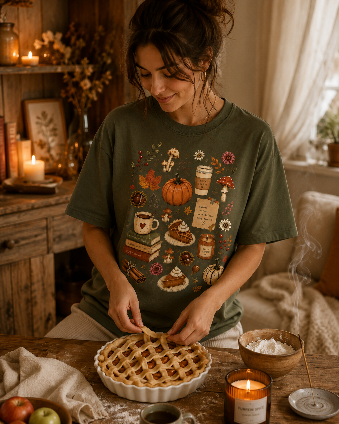 T-shirt Automne Cozy Days – Citrouille, Champignons & Ambiance Cottagecore | T-shirt Unisexe Vintage 100 % Coton