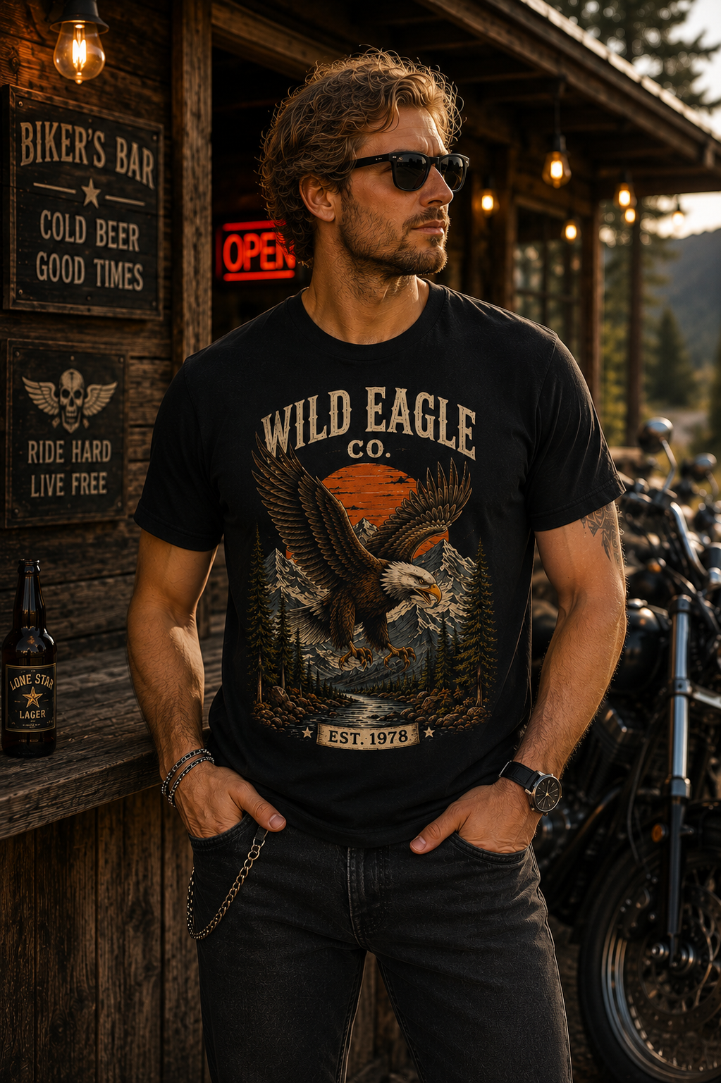 T-shirt Wild Eagle Vintage | T-shirt Aigle Américain Noir | Style Biker & Outdoor 100% coton