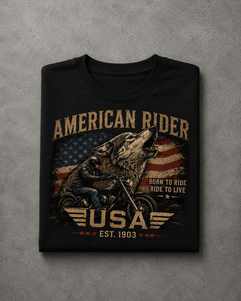 T-shirt American Rider USA Vintage | Moto & Drapeau Américain | T-shirt Biker Unisexe 100% coton