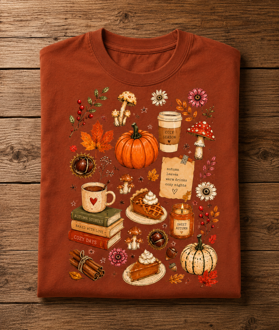 T-shirt Automne Cozy Days – Citrouille, Champignons & Ambiance Cottagecore | T-shirt Unisexe Vintage 100 % Coton