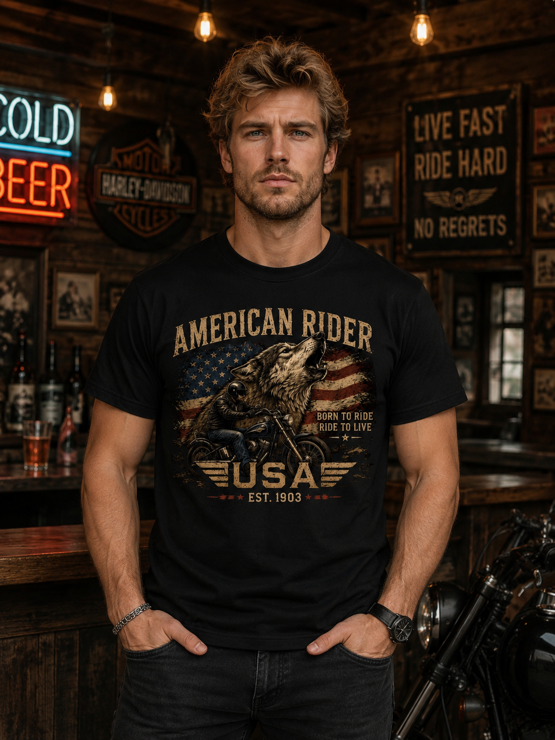 T-shirt American Rider USA Vintage | Moto & Drapeau Américain | T-shirt Biker Unisexe 100% coton