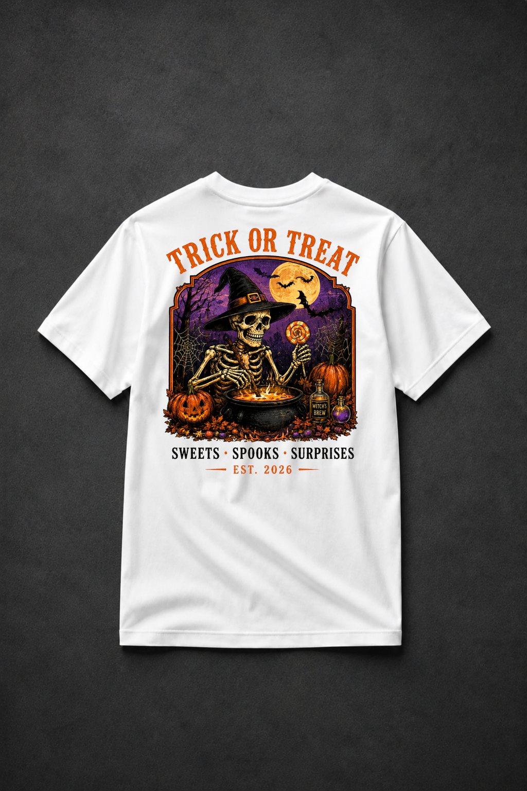 T-shirt Trick or Treat Vintage | Squelette sorcier et citrouilles | 100 % coton unisexe
