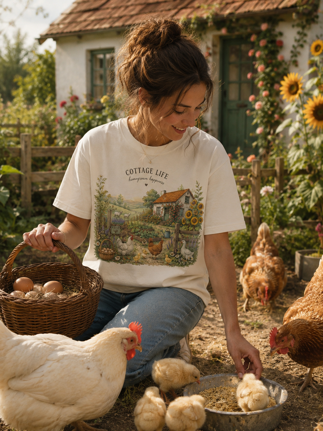 T-shirt Cottage Life – Ferme, Poules & Jardin Fleuri | T-shirt Cottagecore Vintage Unisexe 100 % Coton