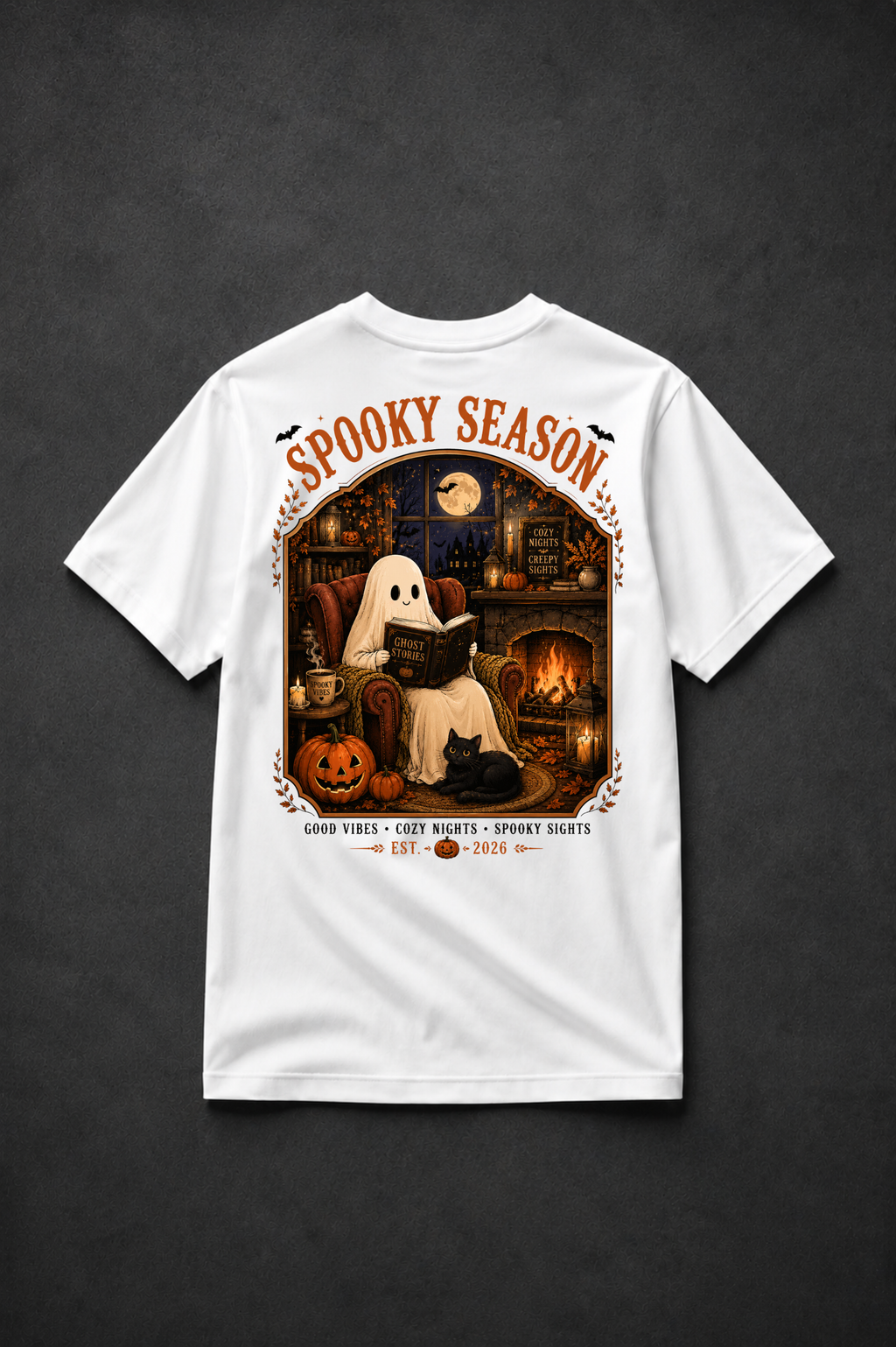 T-shirt Spooky Season Vintage | Fantôme, chat noir et citrouilles | 100 % coton unisexe