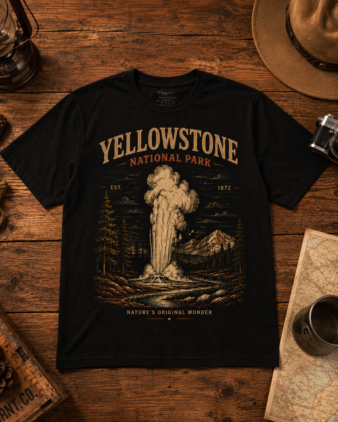 T-shirt Yellowstone National Park Vintage – Tee-shirt Unisexe Noir Nature & Road Trip | Empreinte Héritage 100% coton