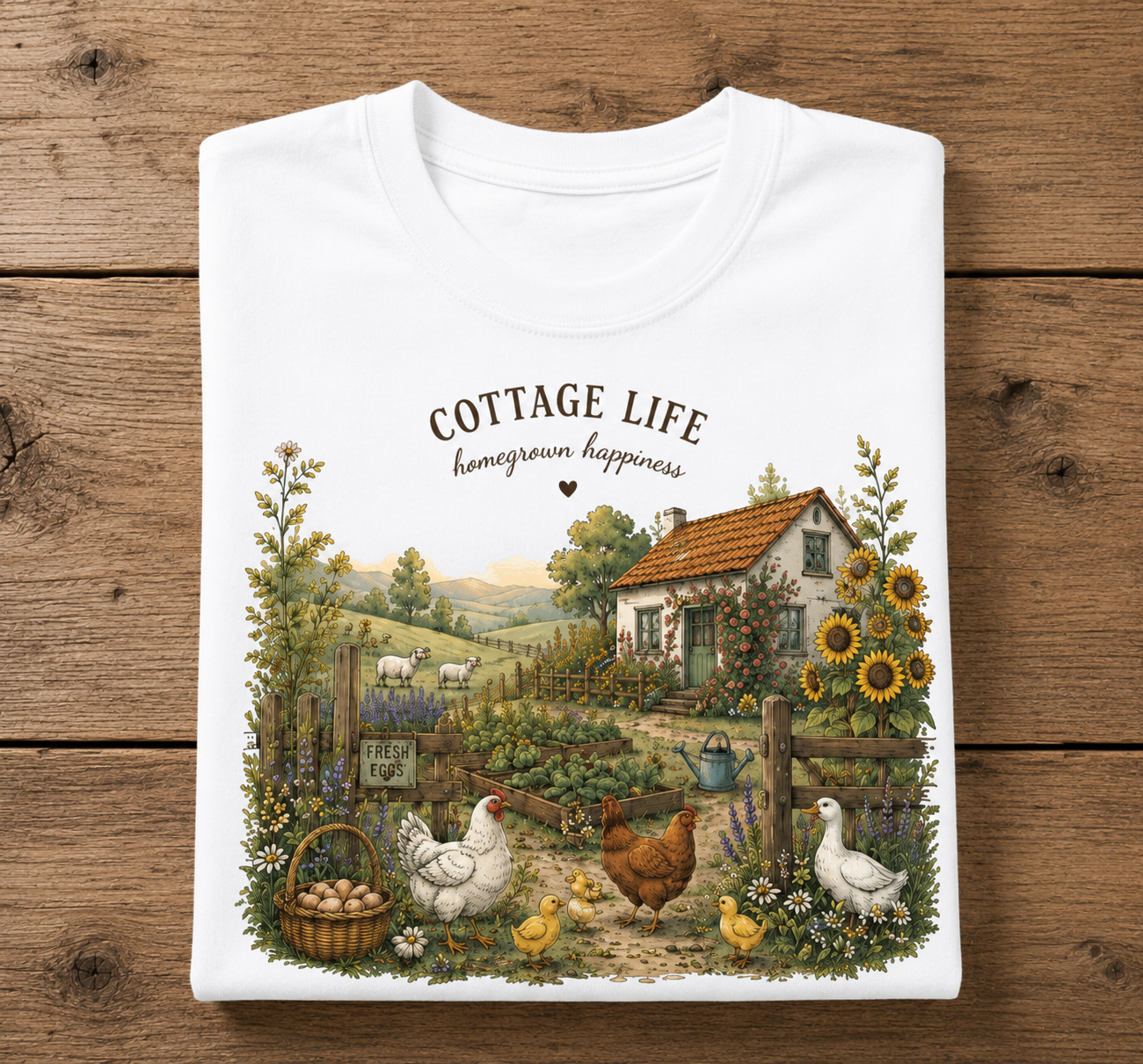 T-shirt Cottage Life – Ferme, Poules & Jardin Fleuri | T-shirt Cottagecore Vintage Unisexe 100 % Coton