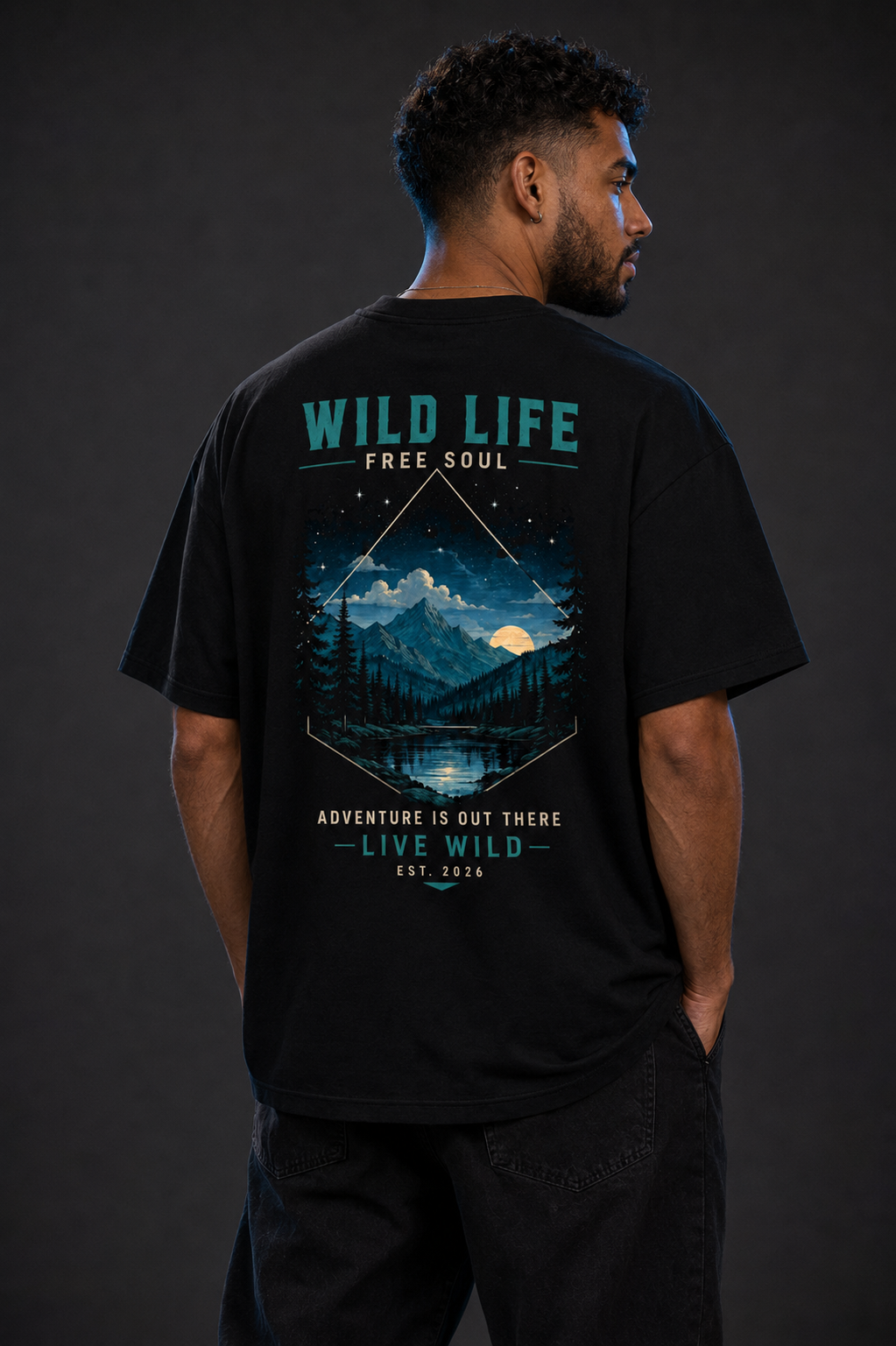 T-shirt Wild Life Free Soul | Montagne et lac nocturne | 100 % coton unisexe