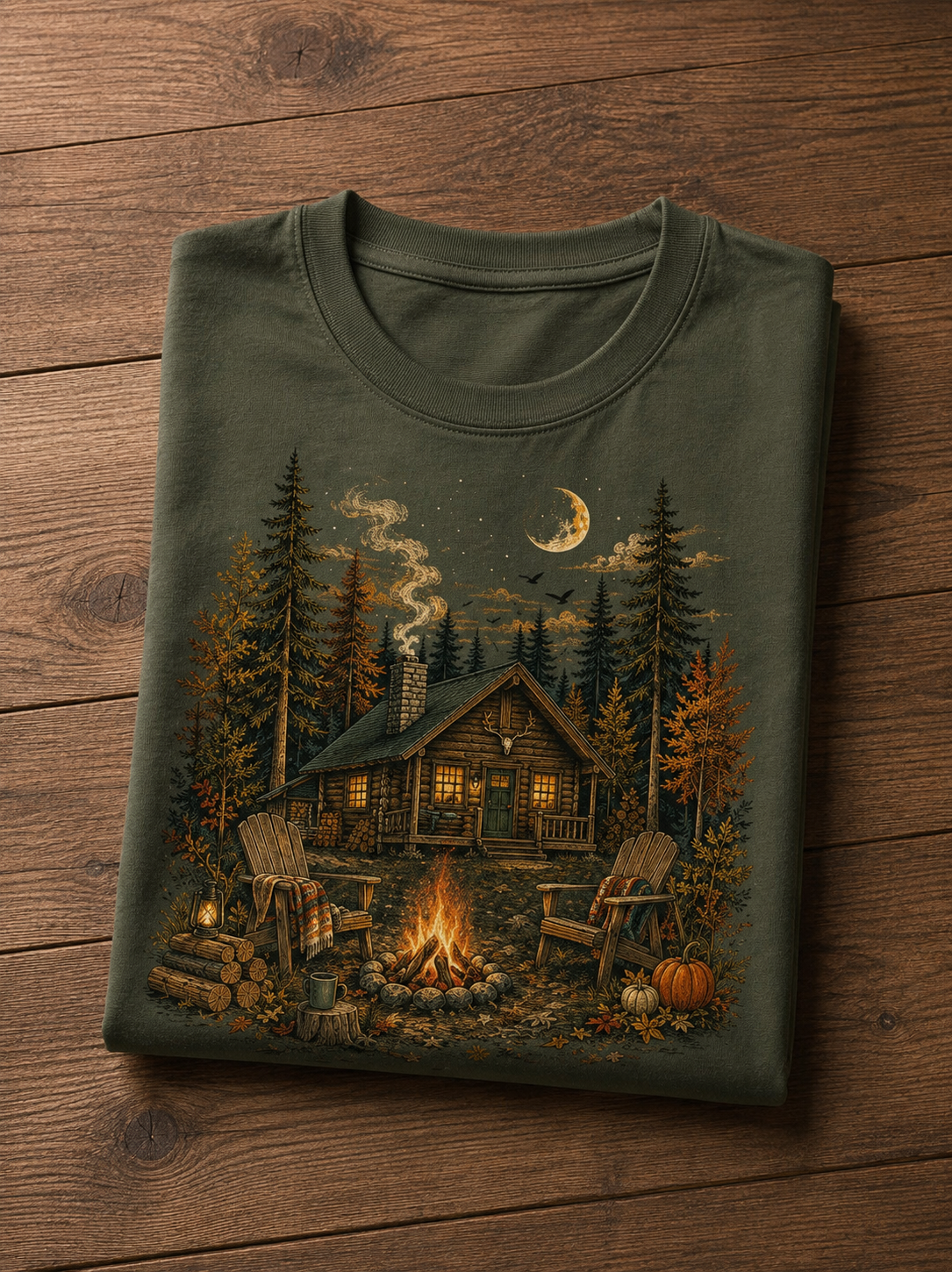 T-shirt Cabane en Forêt – Feu de Camp, Chalet & Ambiance Automnale | T-shirt Unisexe Vintage 100 % Coton