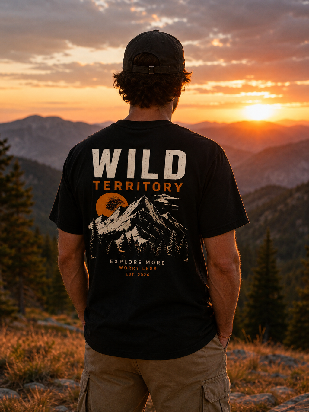 T-shirt Wild Territory | Montagnes et sapins rétro | 100 % coton unisexe