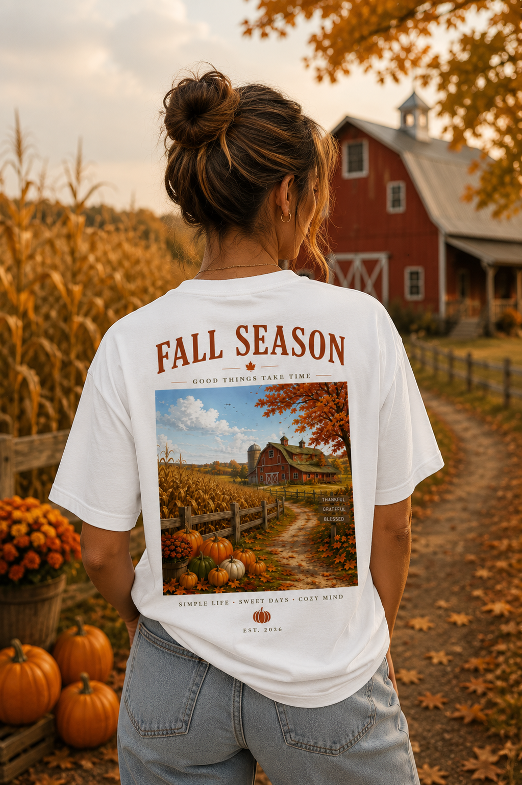 T-shirt Fall Season | Ferme automnale et citrouilles | 100 % coton unisexe