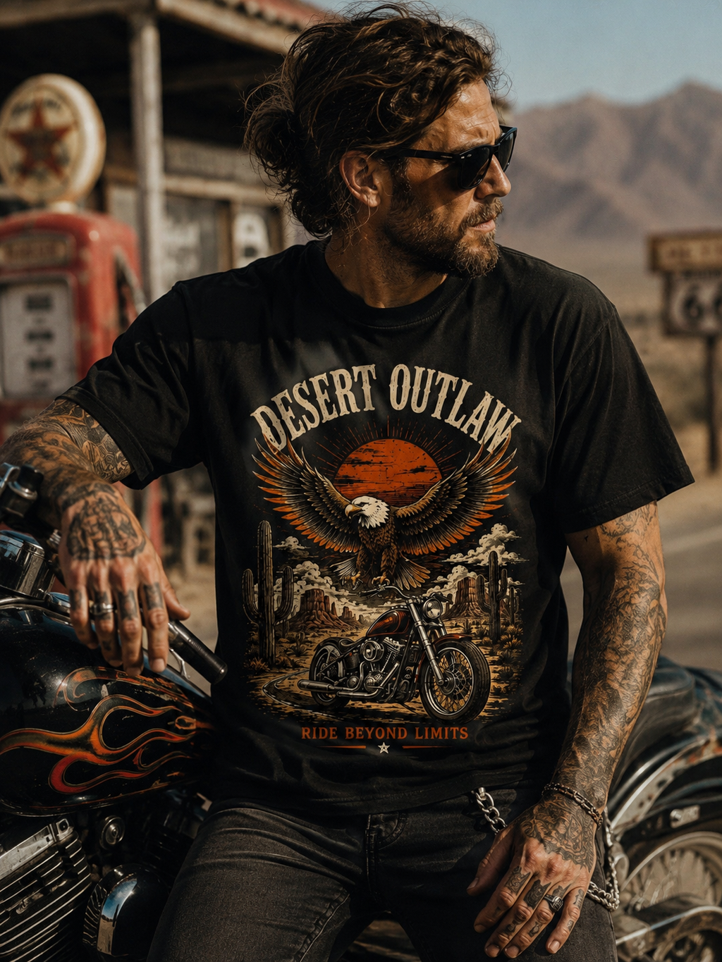 T-shirt Biker Américain Desert Outlaw – Moto Vintage, Aigle & Route 66 | Unisexe 100 % Coton