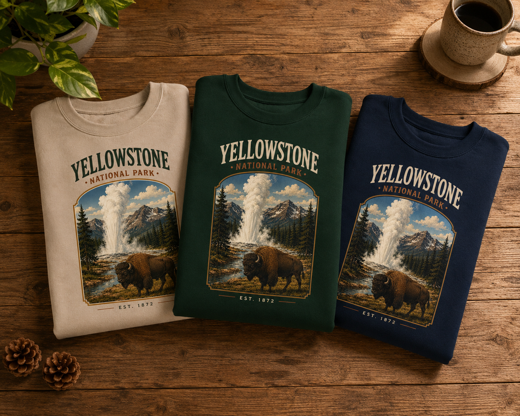 Sweatshirt Yellowstone National Park | Bison et geyser vintage | Unisexe