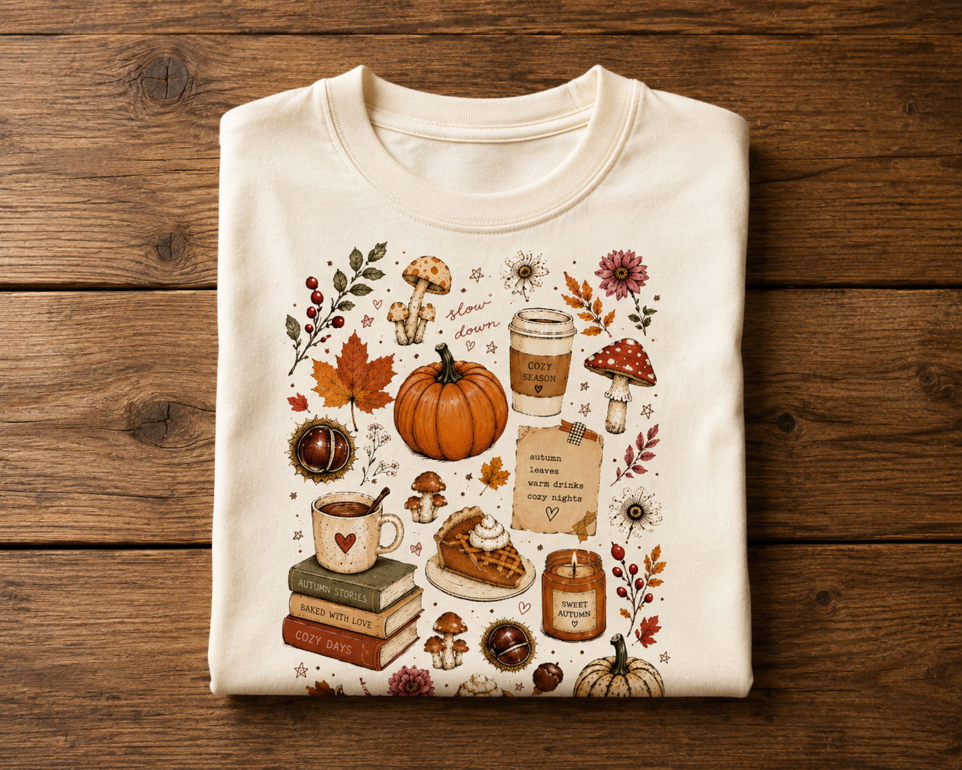 T-shirt Automne Cozy Days – Citrouille, Champignons & Ambiance Cottagecore | T-shirt Unisexe Vintage 100 % Coton