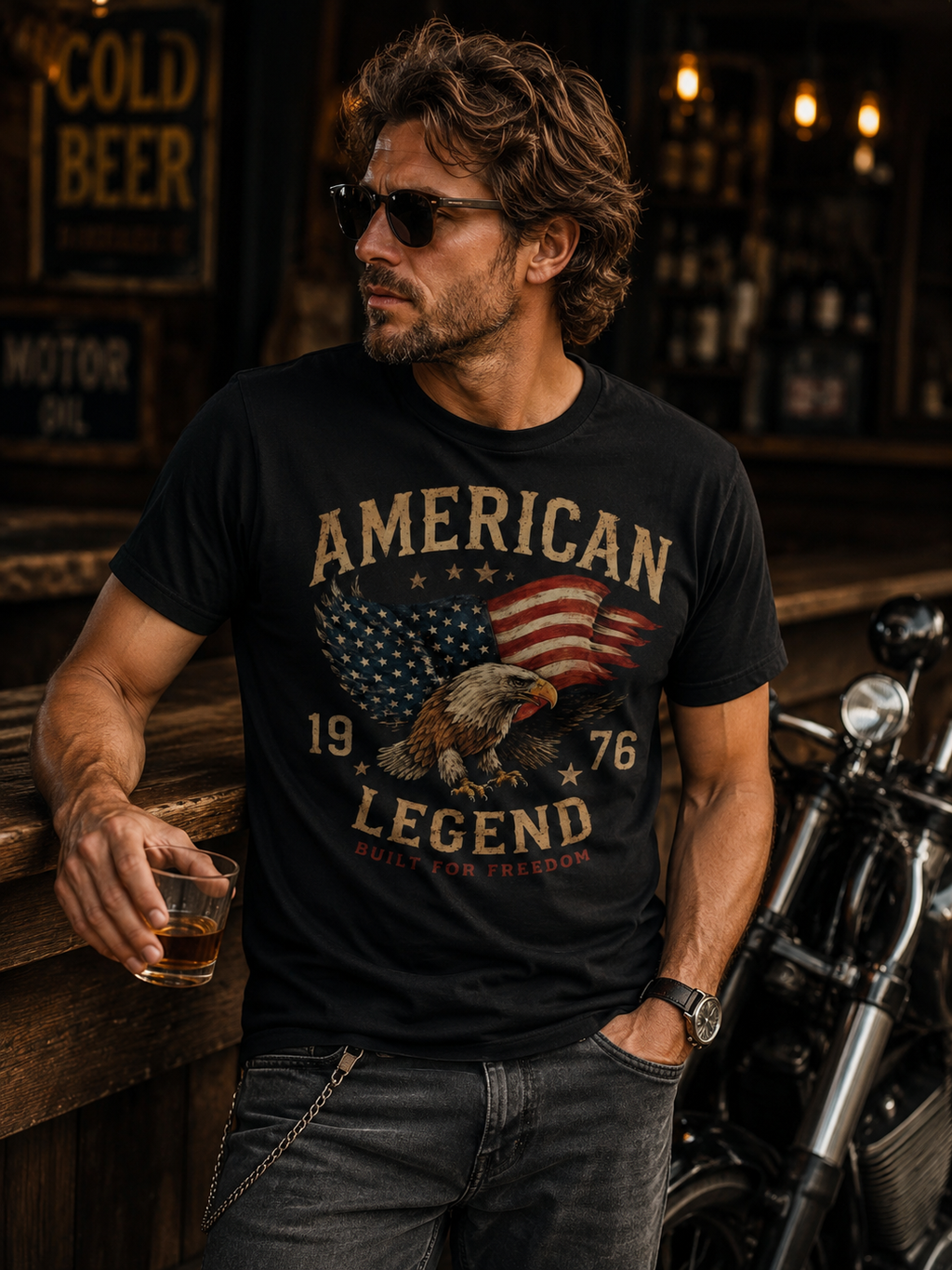 T-shirt American Legend 1976 | Aigle & Drapeau Américain Vintage | T-shirt Biker 100% coton Unisexe