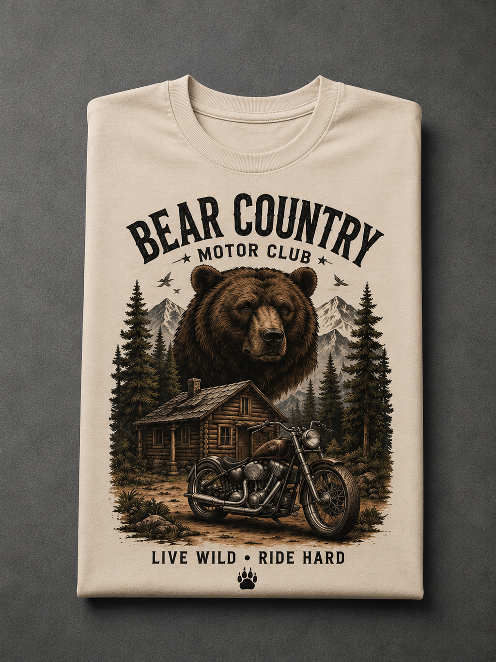 T-shirt Bear Country Vintage | Ours & Moto Américaine | T-shirt Biker Unisexe 100% coton