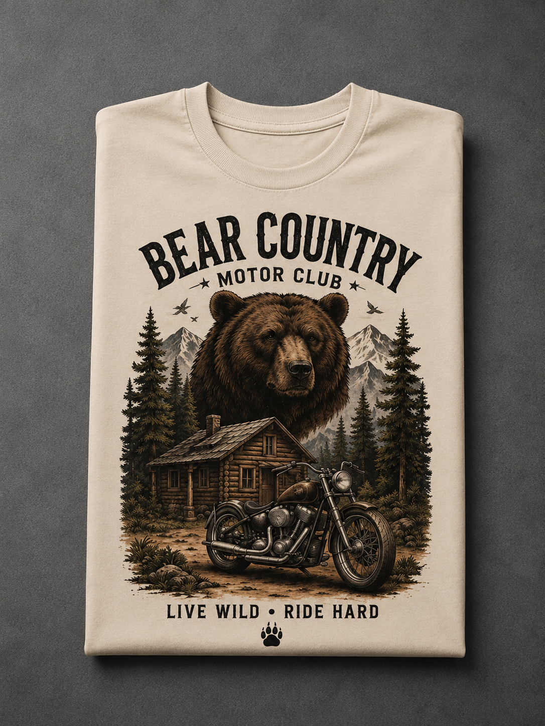 T-shirt Bear Country Vintage | Ours & Moto Américaine | T-shirt Biker Unisexe 100% coton