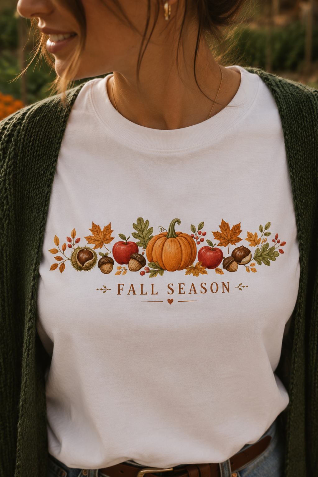 T-shirt Fall Season | Citrouilles et feuilles d’automne | 100 % coton unisexe