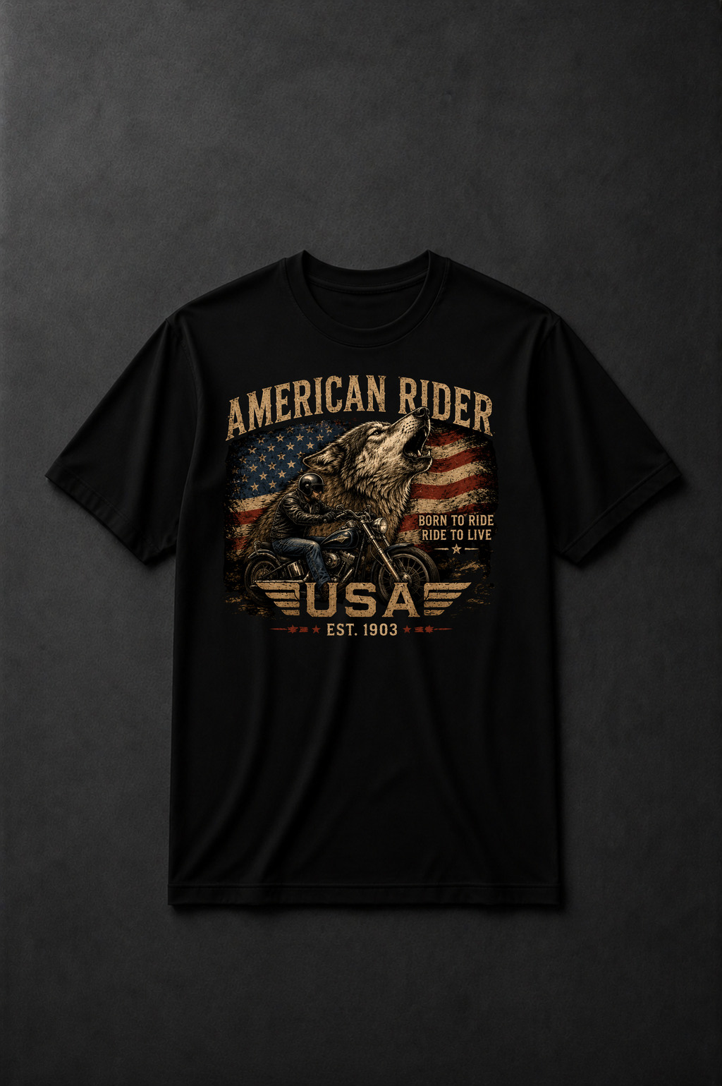 T-shirt American Rider USA Vintage | Moto & Drapeau Américain | T-shirt Biker Unisexe 100% coton