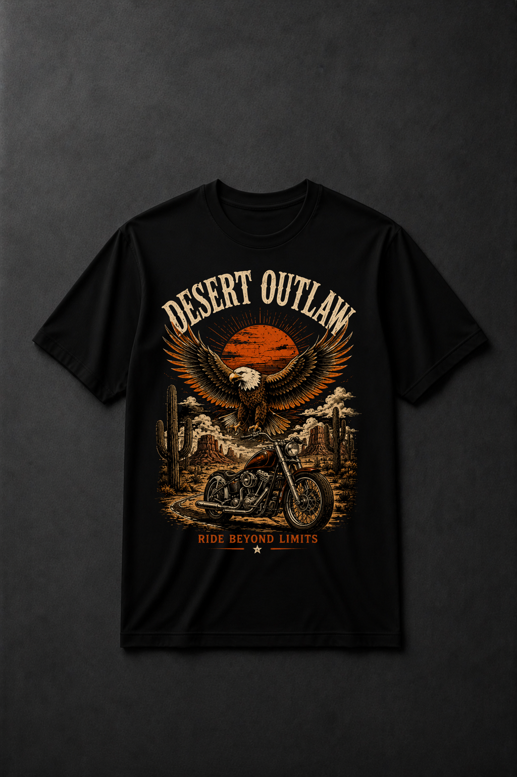 T-shirt Biker Américain Desert Outlaw – Moto Vintage, Aigle & Route 66 | Unisexe 100 % Coton