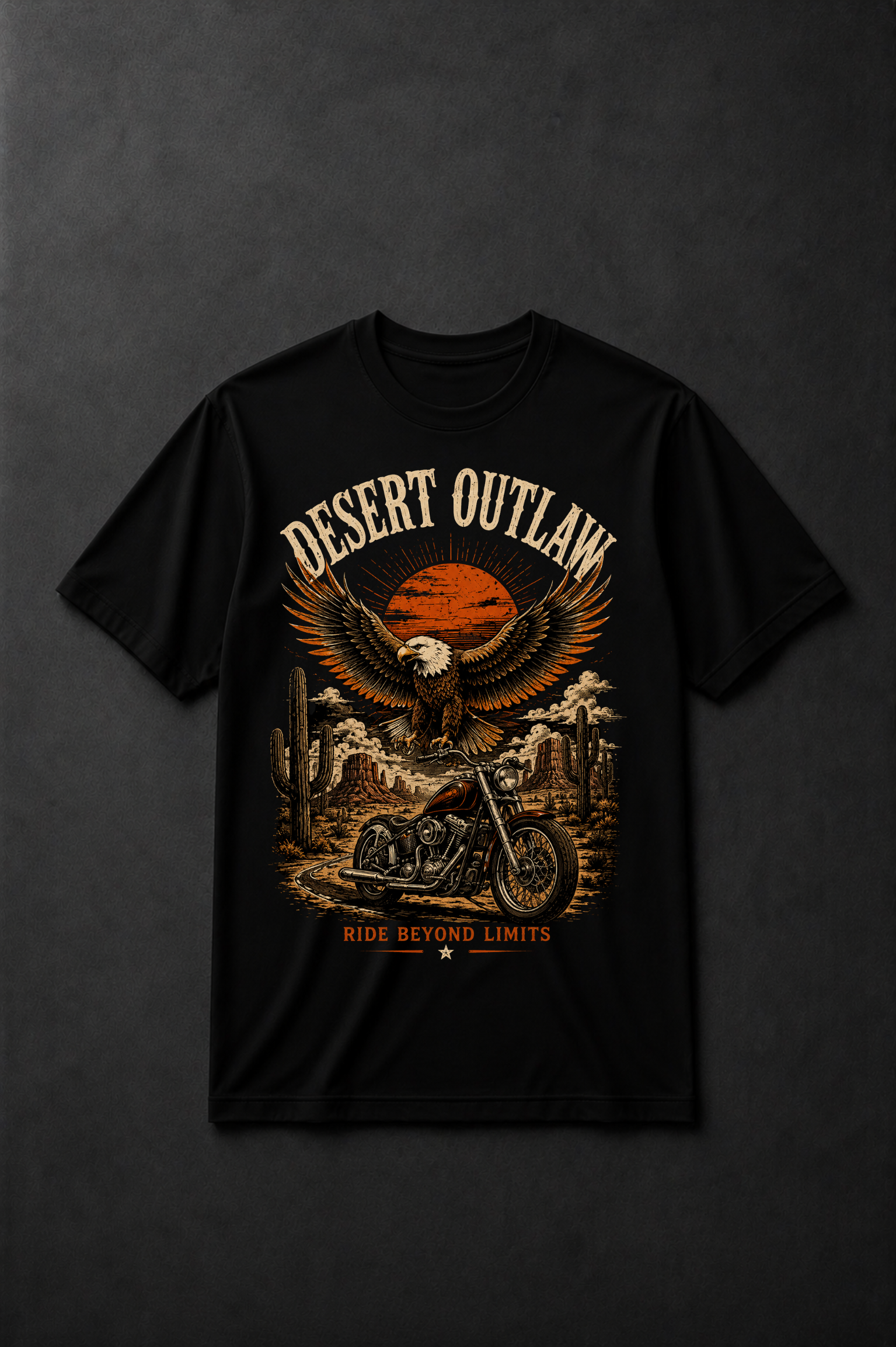 T-shirt Biker Américain Desert Outlaw – Moto Vintage, Aigle & Route 66 | Unisexe 100 % Coton