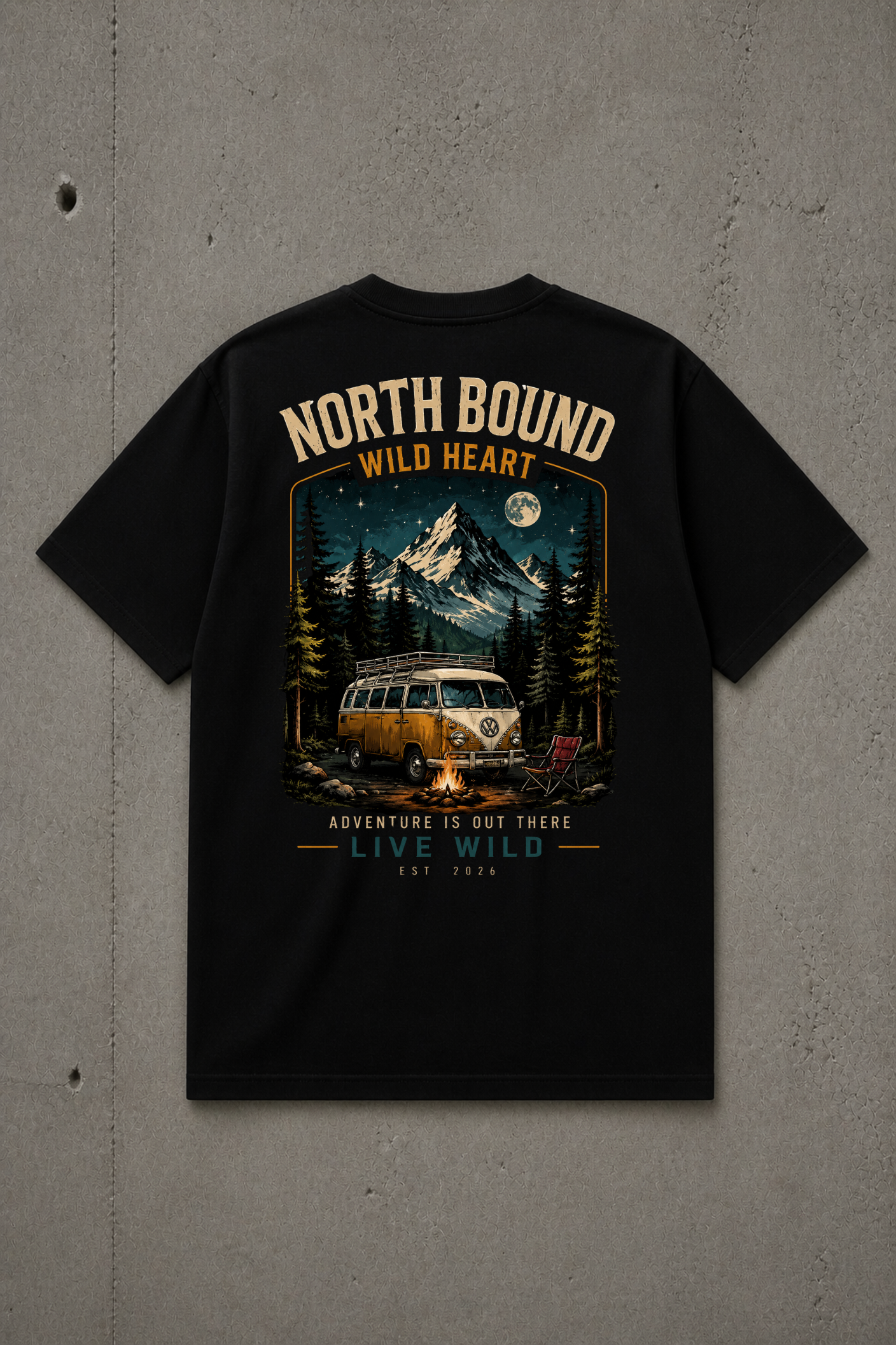 T-shirt North Bound Wild Heart | Montagne et van rétro | 100 % coton unisexe