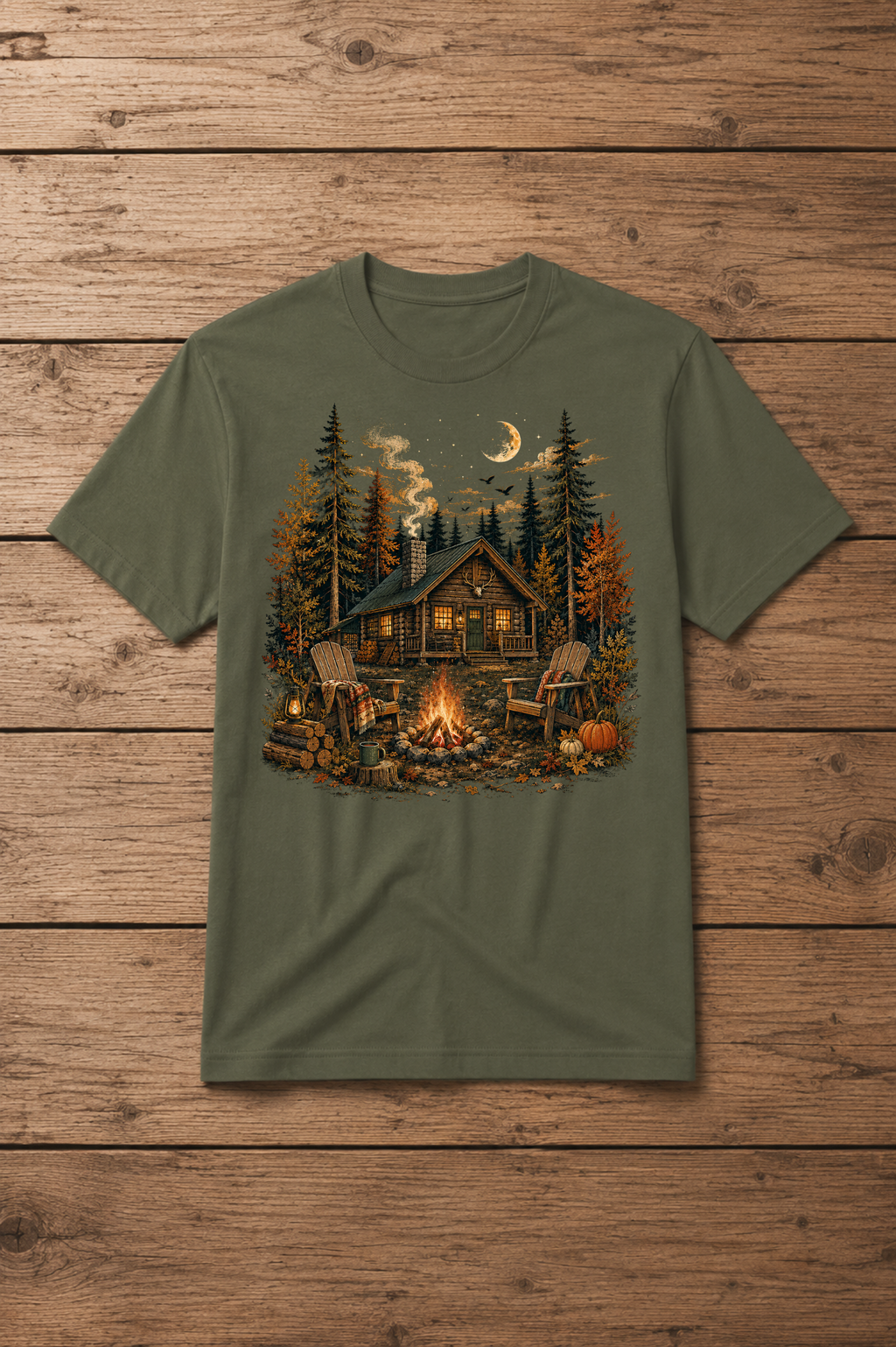 T-shirt Cabane en Forêt – Feu de Camp, Chalet & Ambiance Automnale | T-shirt Unisexe Vintage 100 % Coton