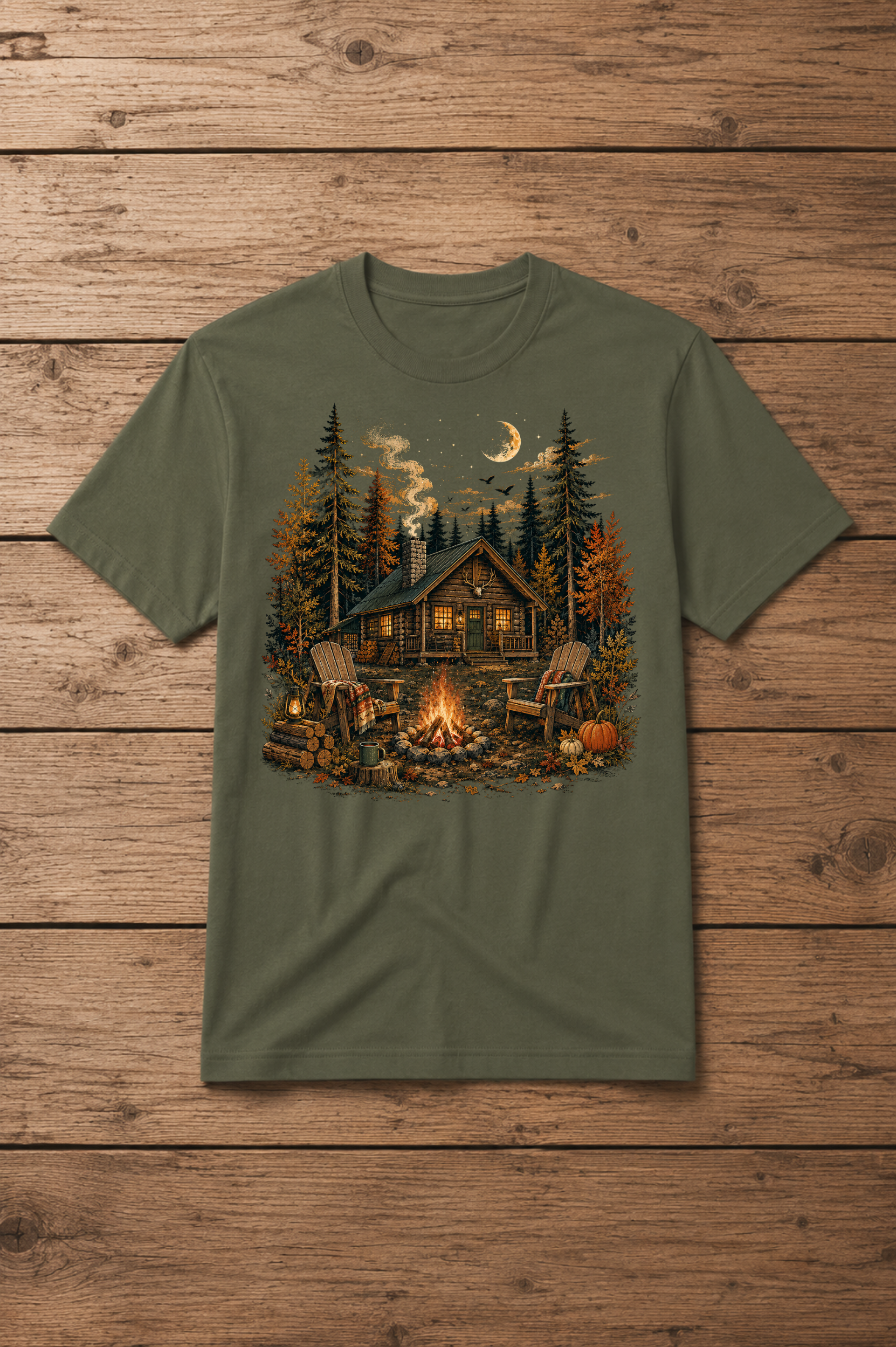 T-shirt Cabane en Forêt – Feu de Camp, Chalet & Ambiance Automnale | T-shirt Unisexe Vintage 100 % Coton