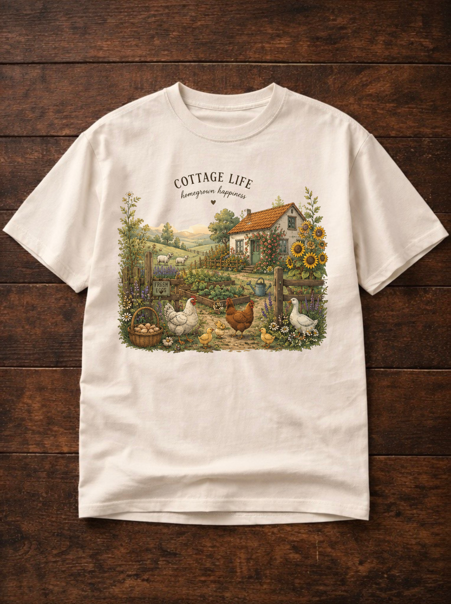 T-shirt Cottage Life – Ferme, Poules & Jardin Fleuri | T-shirt Cottagecore Vintage Unisexe 100 % Coton