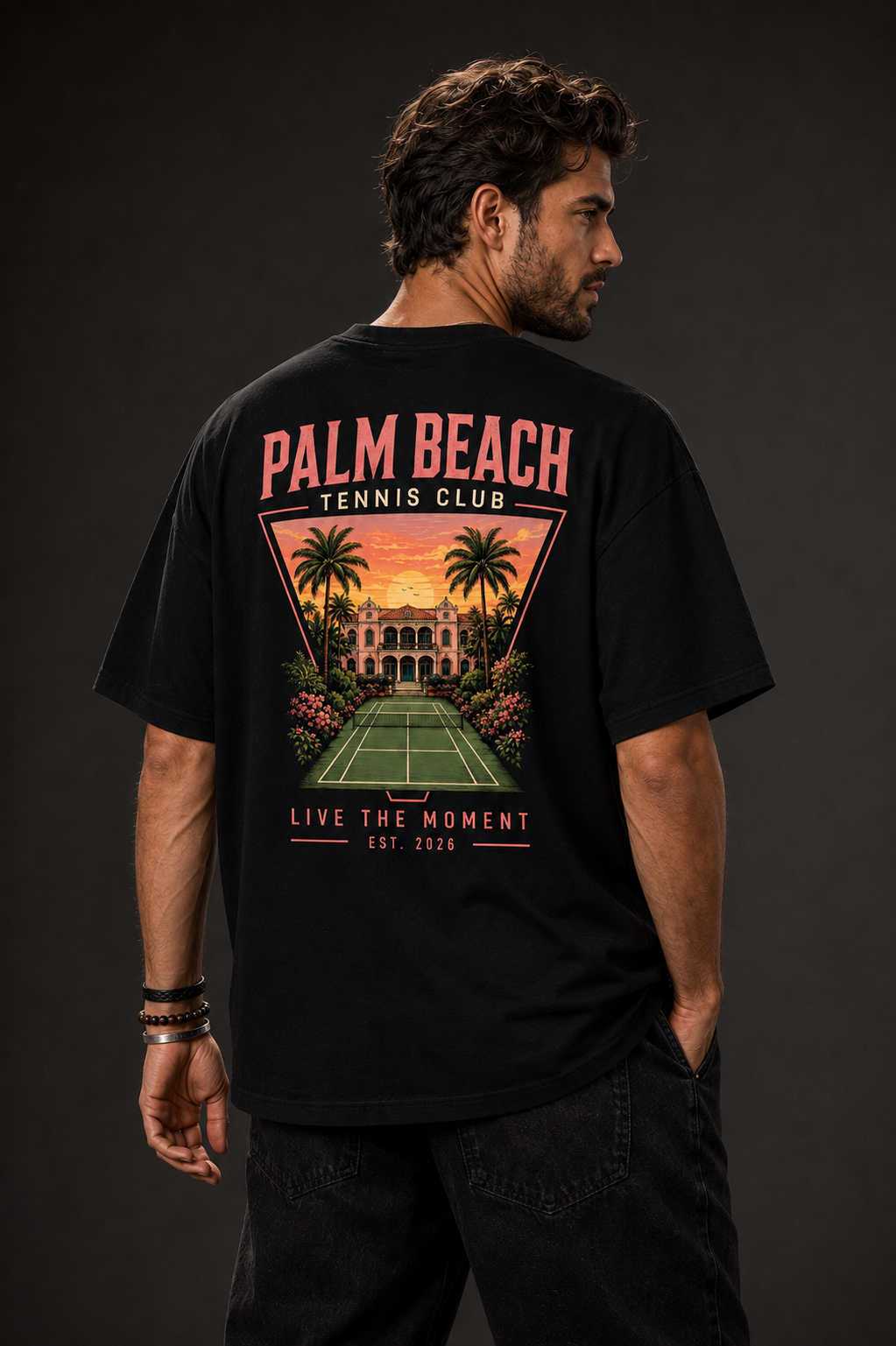 T-shirt Palm Beach Tennis Club | Court et palmiers rétro | 100 % coton unisexe