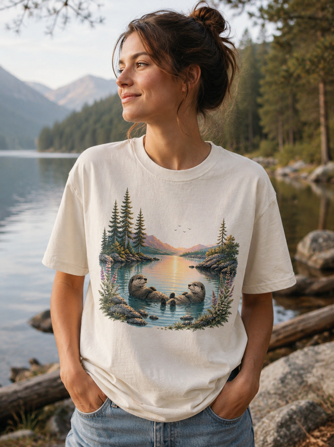 T-shirt Loutres du Lac | Paysage montagne et forêt | 100 % coton unisexe