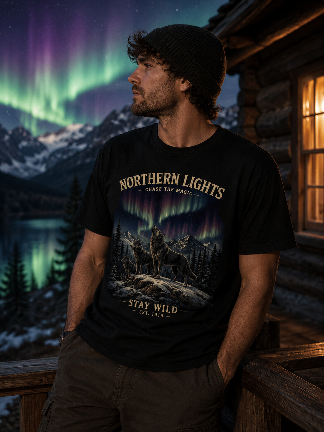 T-shirt Northern Lights Vintage | Aurores Boréales & Montagnes | T-shirt Unisexe 100% coton