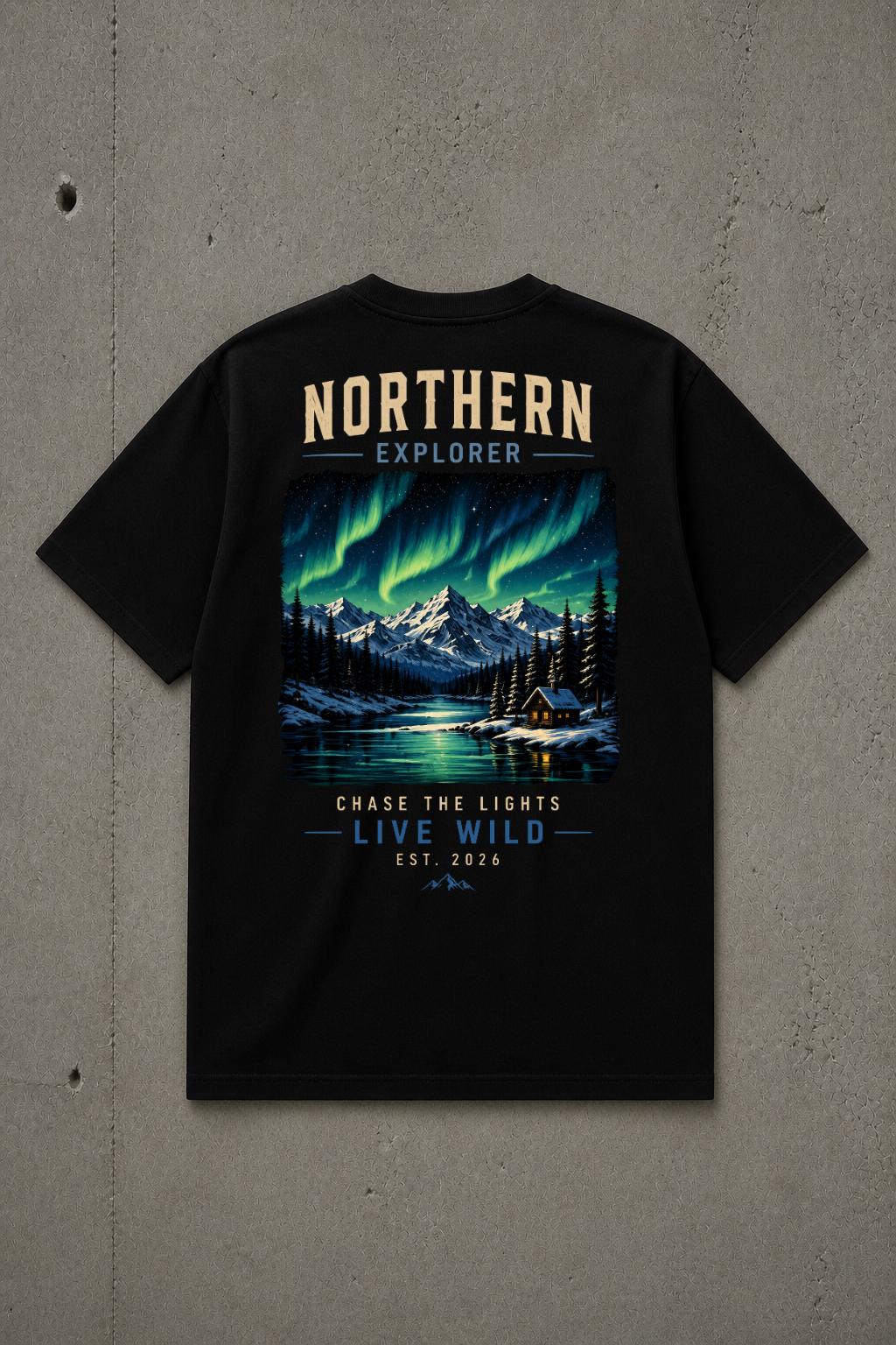 T-shirt Northern Explorer | Aurores boréales et montagnes | 100 % coton unisexe