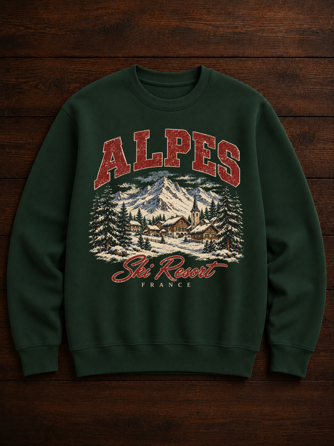 Sweatshirt Alpes Ski Resort | Village alpin enneigé | Imprimé vintage unisexe