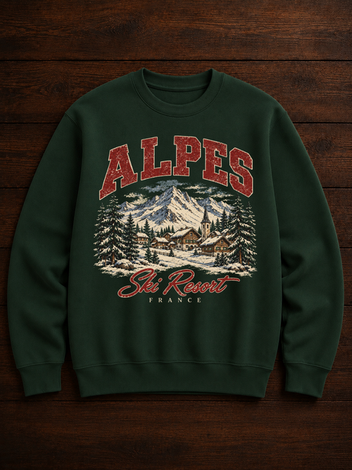 Sweatshirt Alpes Ski Resort | Village alpin enneigé | Imprimé vintage unisexe