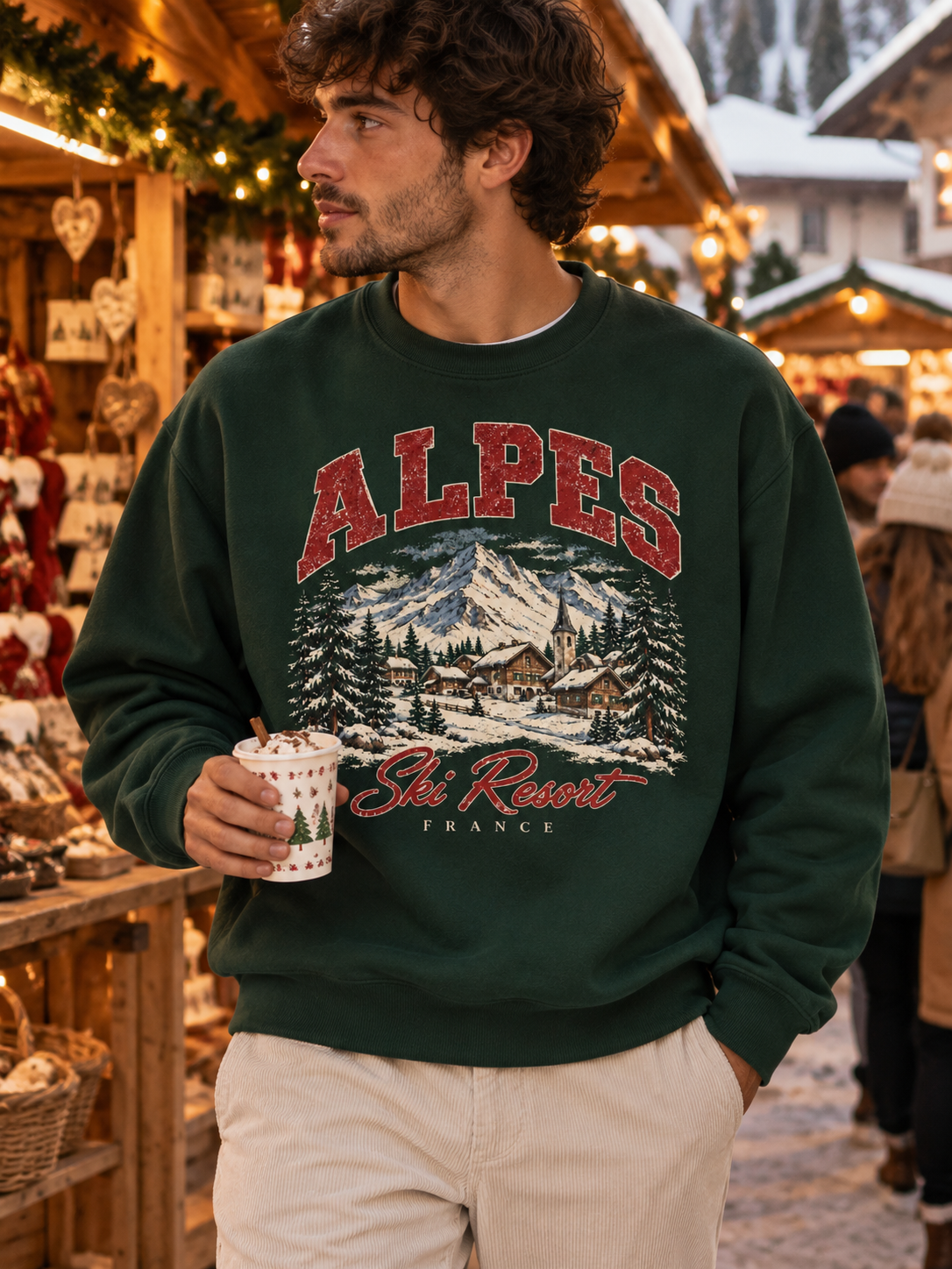 Sweatshirt Alpes Ski Resort | Village alpin enneigé | Imprimé vintage unisexe