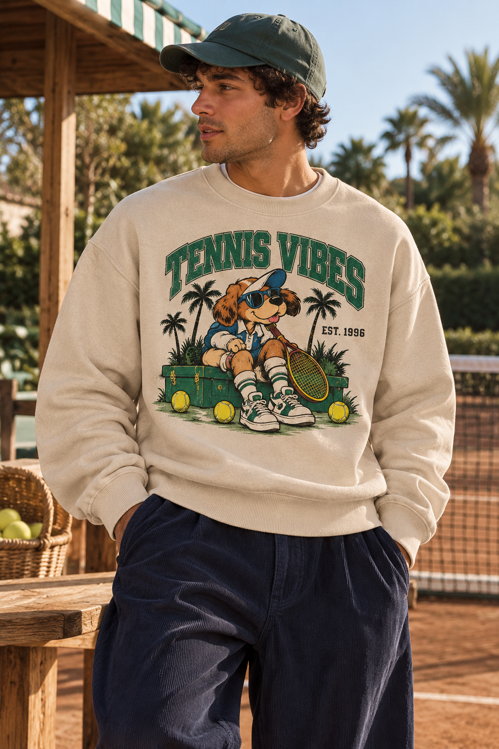 Sweatshirt Tennis Vibes | Chien joueur et raquette vintage | Coupe unisexe