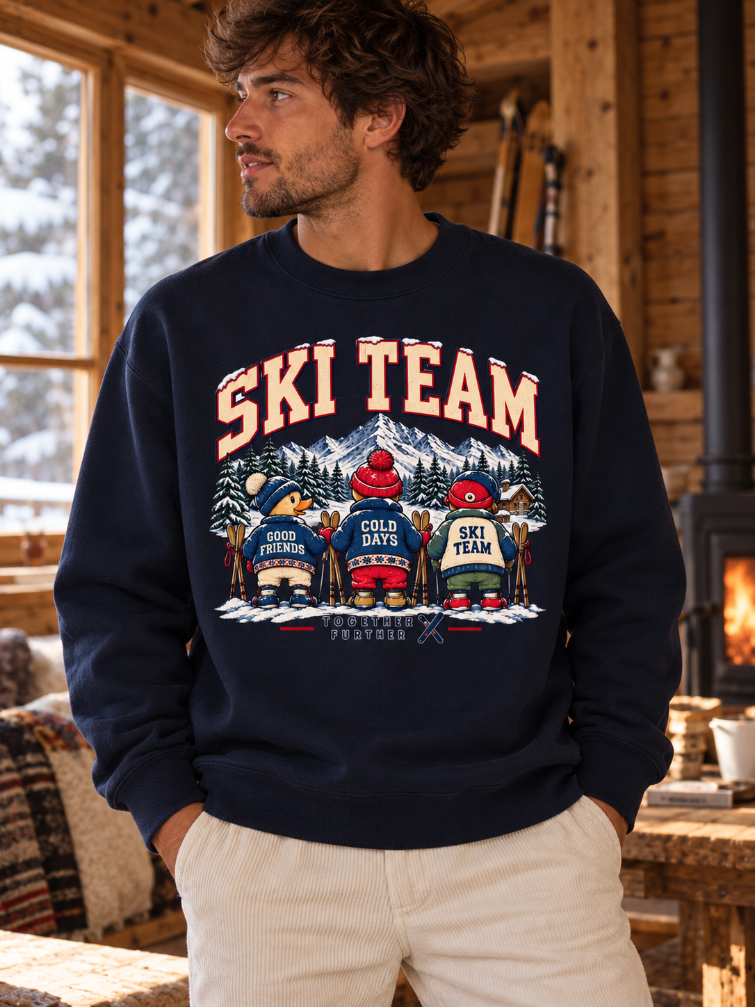Sweatshirt Ski Team Vintage | Montagnes enneigées et amis skieurs | Unisexe