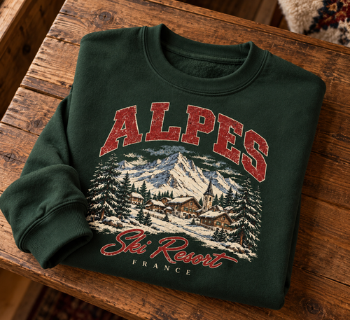 Sweatshirt Alpes Ski Resort | Village alpin enneigé | Imprimé vintage unisexe